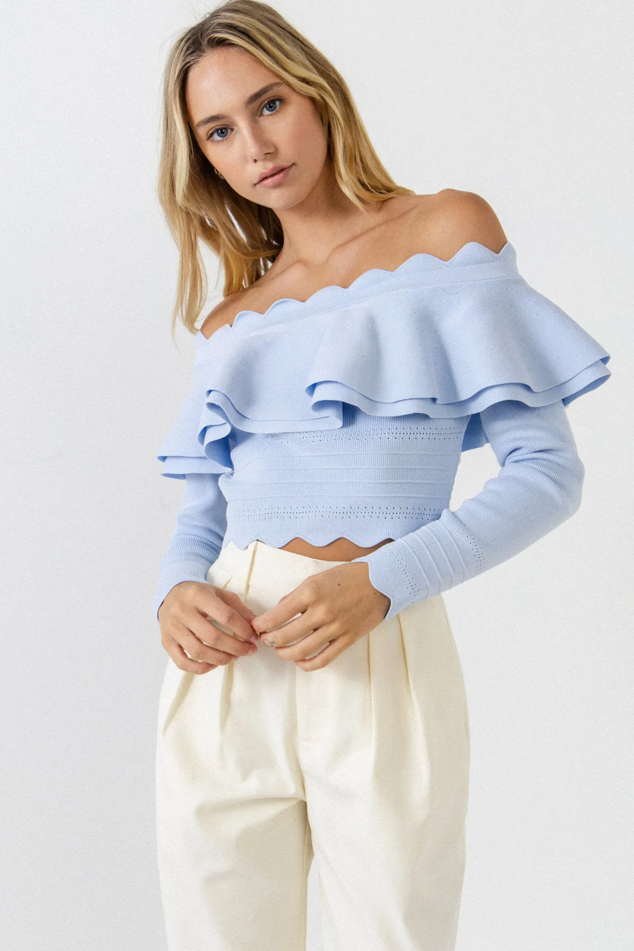Scallop Detail Off The Shoulder Sweater