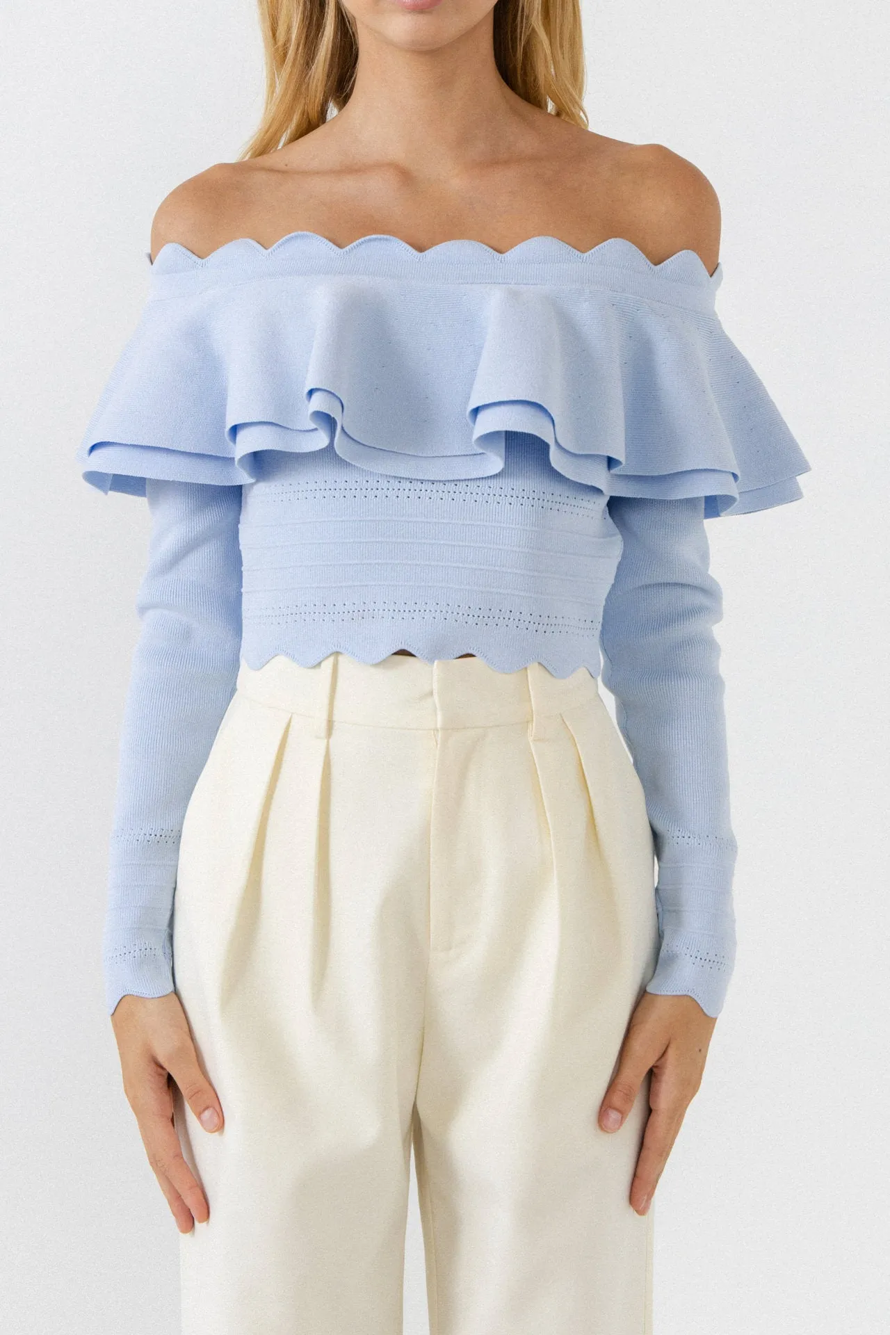 Scallop Detail Off The Shoulder Sweater