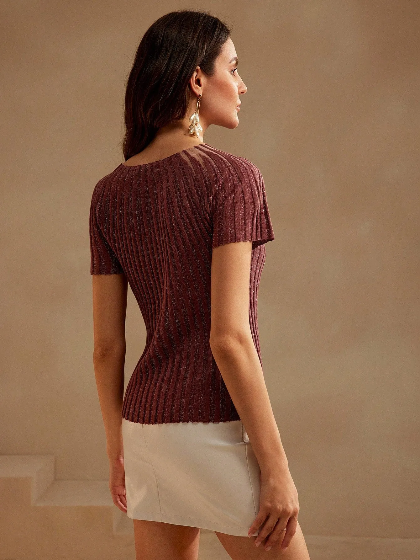 Shein Anewsta Women's Elegant Short Sleeve Rhinestone Decor Semi-Sheer Knit Top