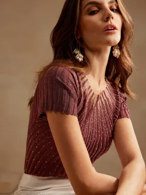 Shein Anewsta Women's Elegant Short Sleeve Rhinestone Decor Semi-Sheer Knit Top