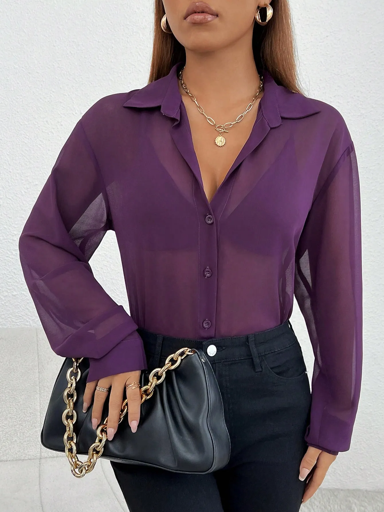 SHEIN Essnce Solid Button Front Shirt Without Bra