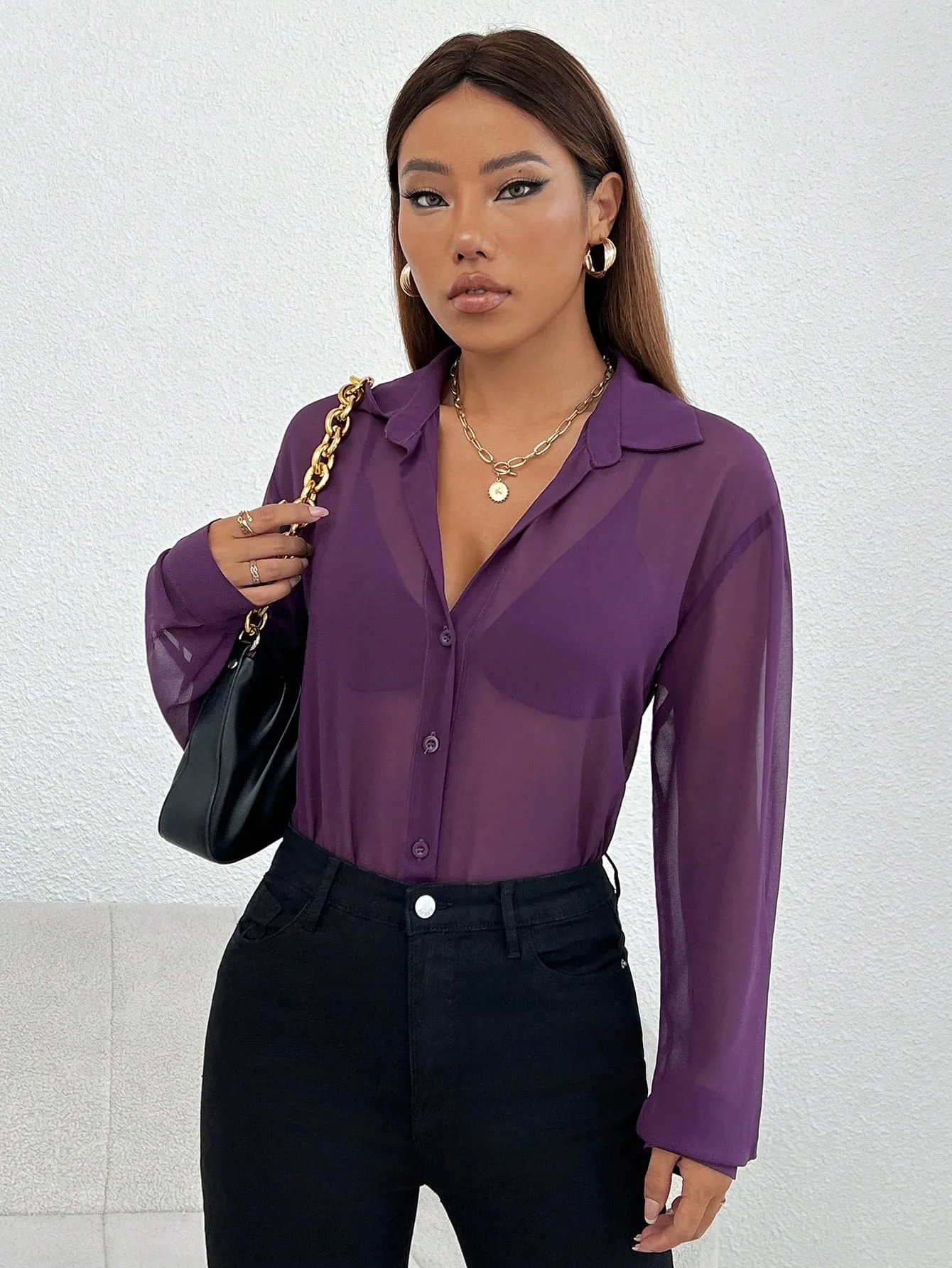 SHEIN Essnce Solid Button Front Shirt Without Bra