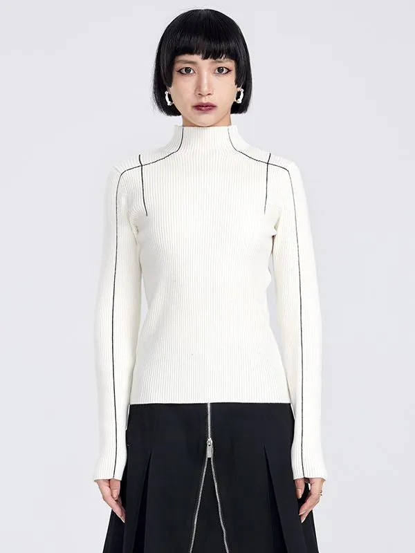 Simple High-neck Monotone Line Knit