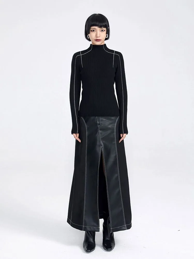 Simple High-neck Monotone Line Knit