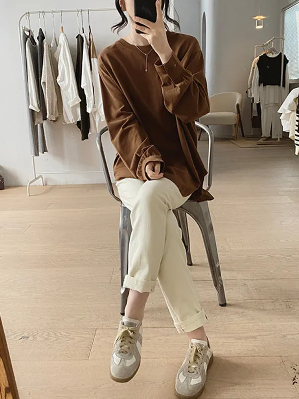 Solid Color Long Sleeves Loose Round-neck T-Shirts Tops