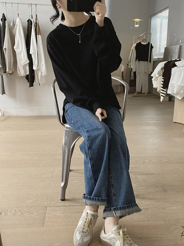Solid Color Long Sleeves Loose Round-neck T-Shirts Tops