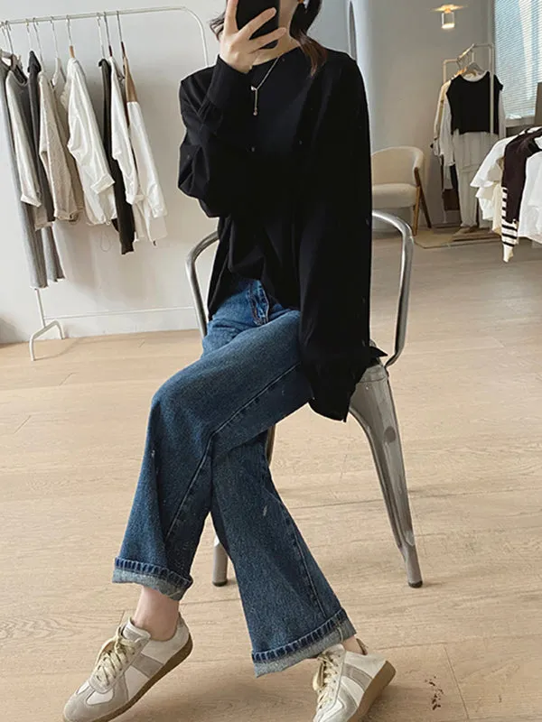 Solid Color Long Sleeves Loose Round-neck T-Shirts Tops