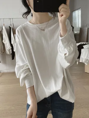 Solid Color Long Sleeves Loose Round-neck T-Shirts Tops