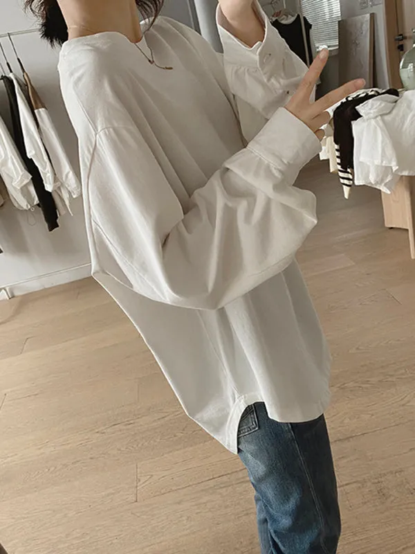 Solid Color Long Sleeves Loose Round-neck T-Shirts Tops