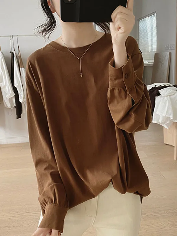 Solid Color Long Sleeves Loose Round-neck T-Shirts Tops