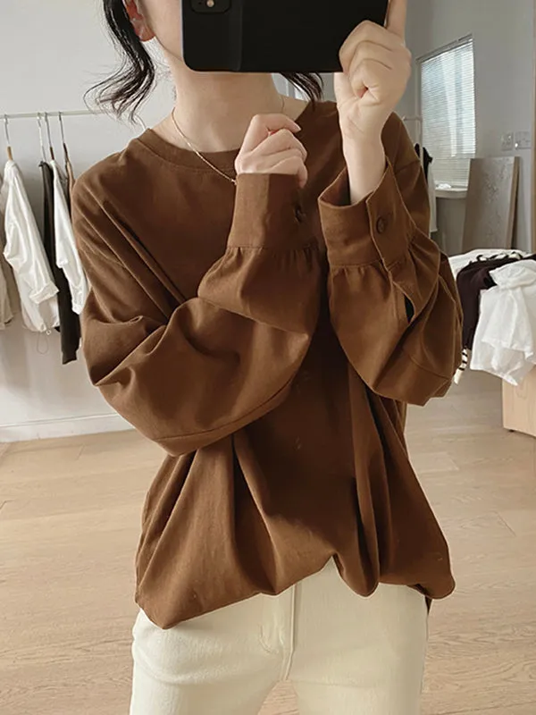 Solid Color Long Sleeves Loose Round-neck T-Shirts Tops