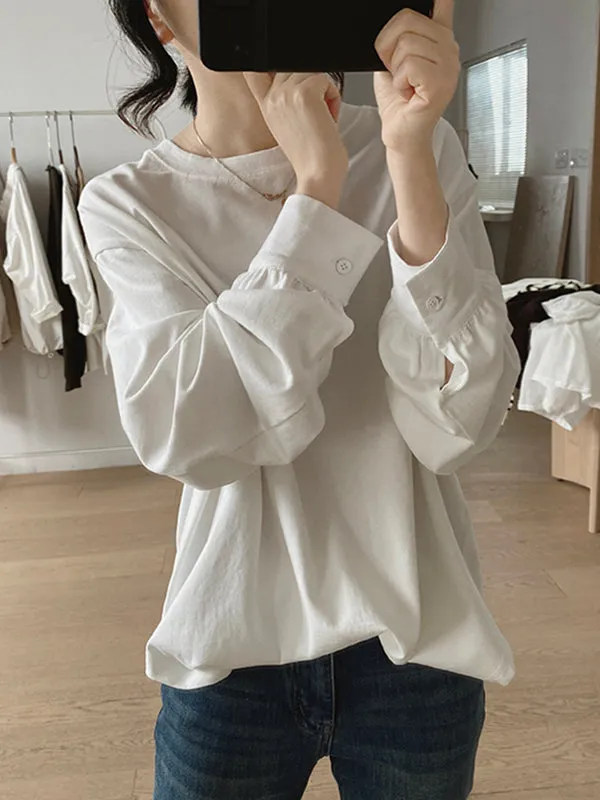 Solid Color Long Sleeves Loose Round-neck T-Shirts Tops