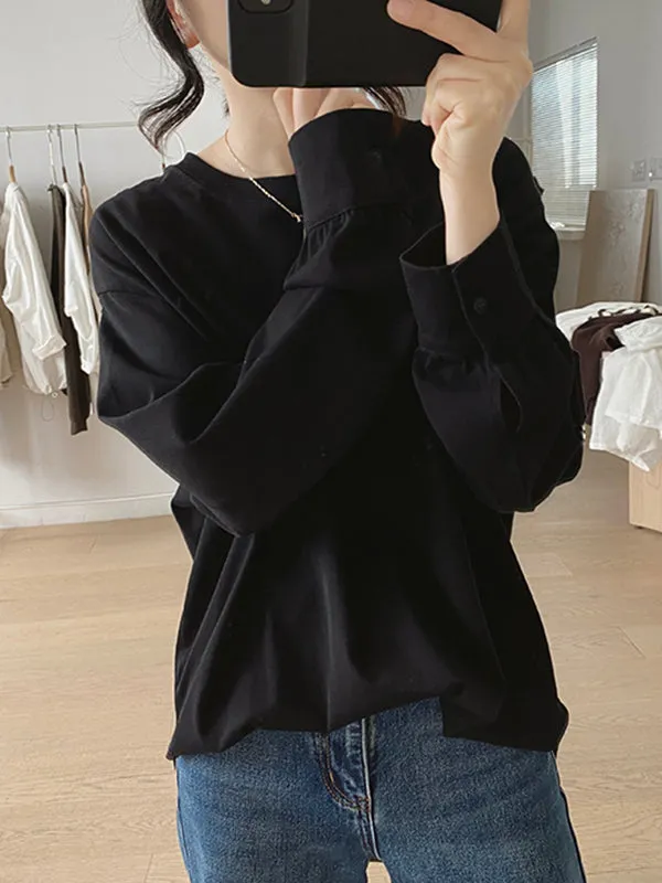 Solid Color Long Sleeves Loose Round-neck T-Shirts Tops