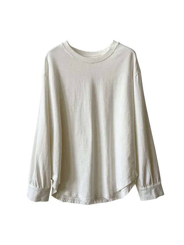 Solid Color Long Sleeves Loose Round-neck T-Shirts Tops
