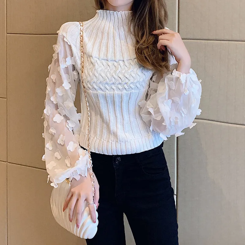 Turtleneck Mesh Patchwork Knitwear Top