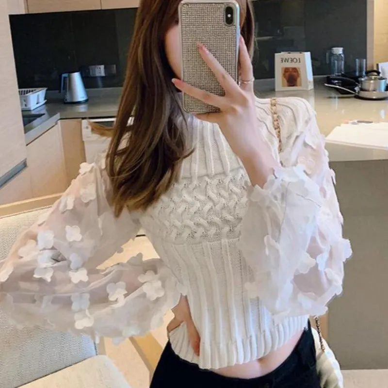Turtleneck Mesh Patchwork Knitwear Top