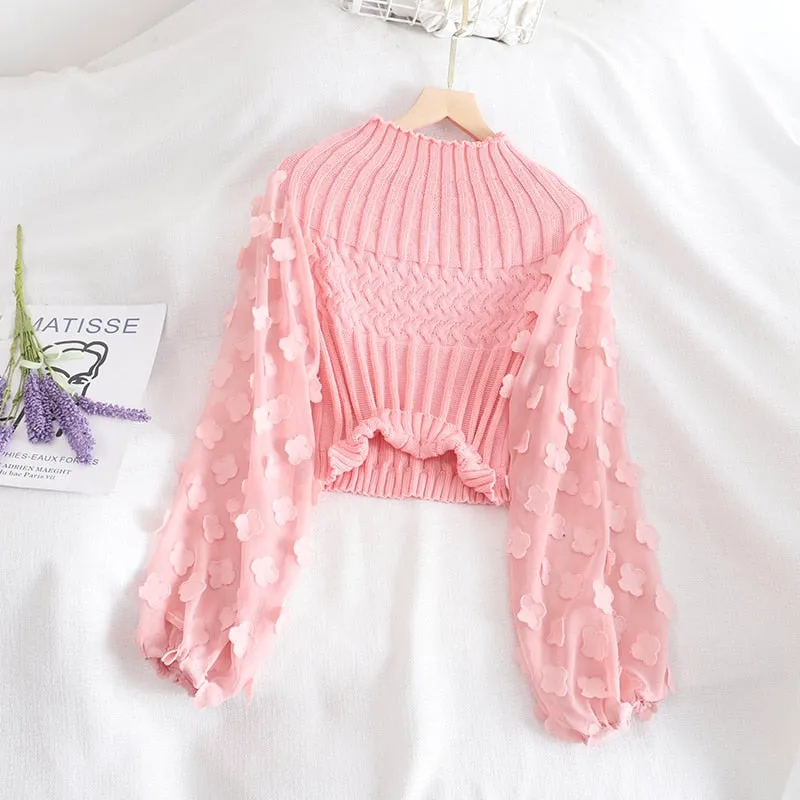 Turtleneck Mesh Patchwork Knitwear Top