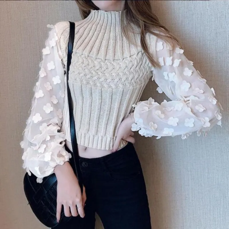 Turtleneck Mesh Patchwork Knitwear Top