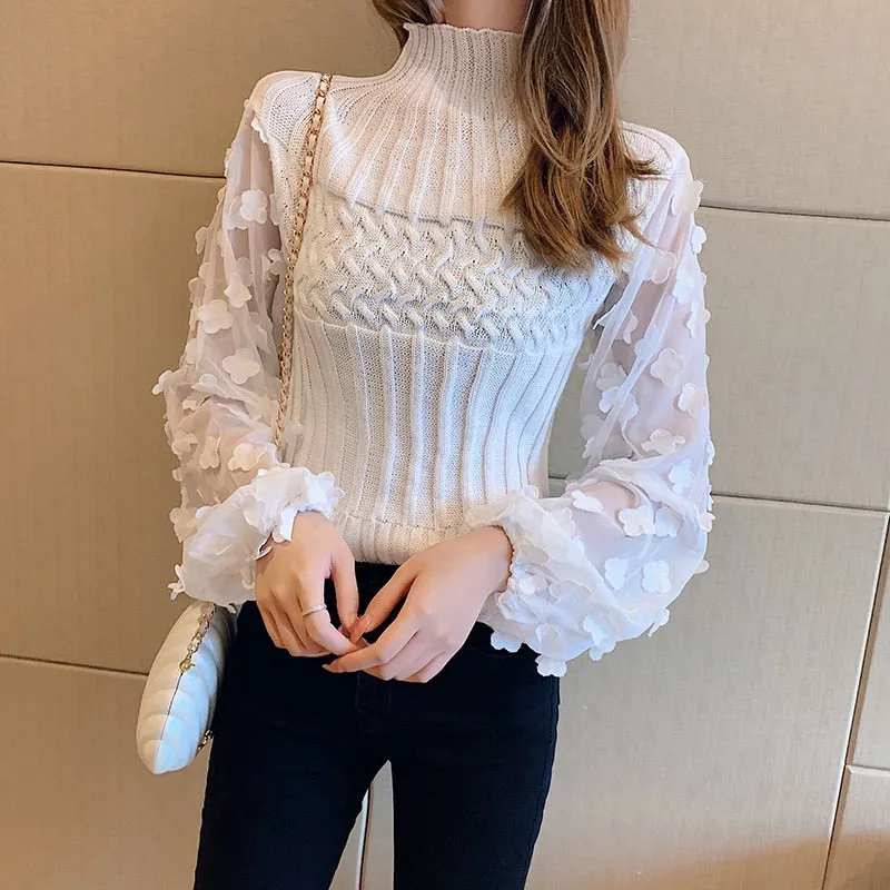 Turtleneck Mesh Patchwork Knitwear Top