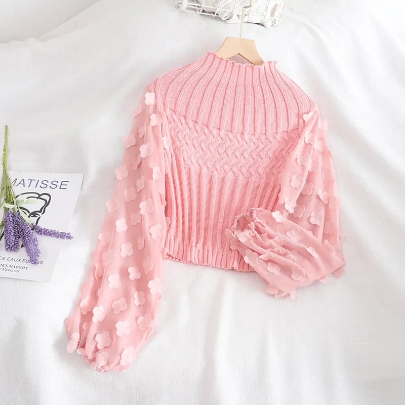 Turtleneck Mesh Patchwork Knitwear Top