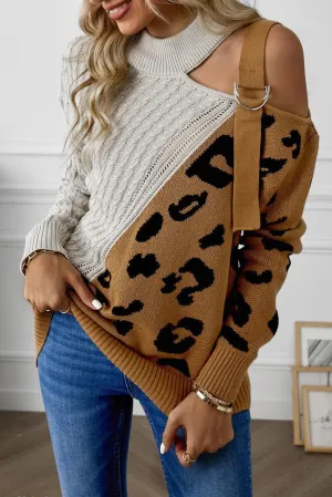 Turtleneck Ribbed Leopard Color Block Sweater