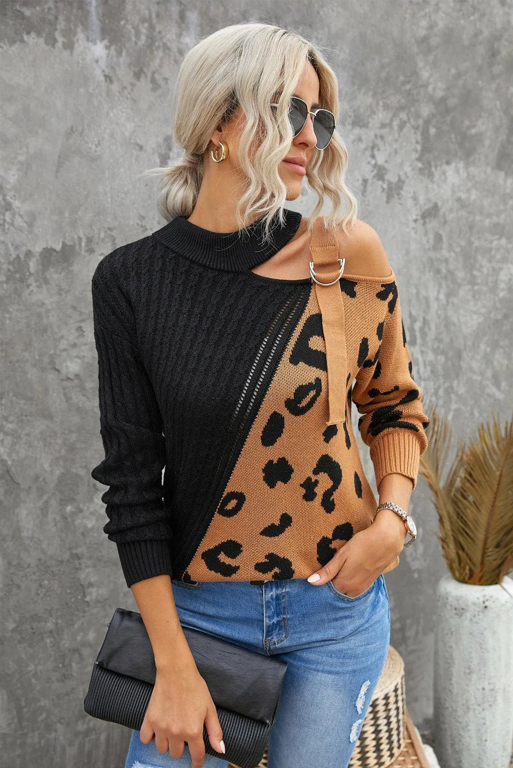Turtleneck Ribbed Leopard Color Block Sweater