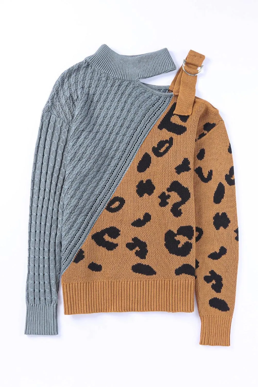 Turtleneck Ribbed Leopard Color Block Sweater