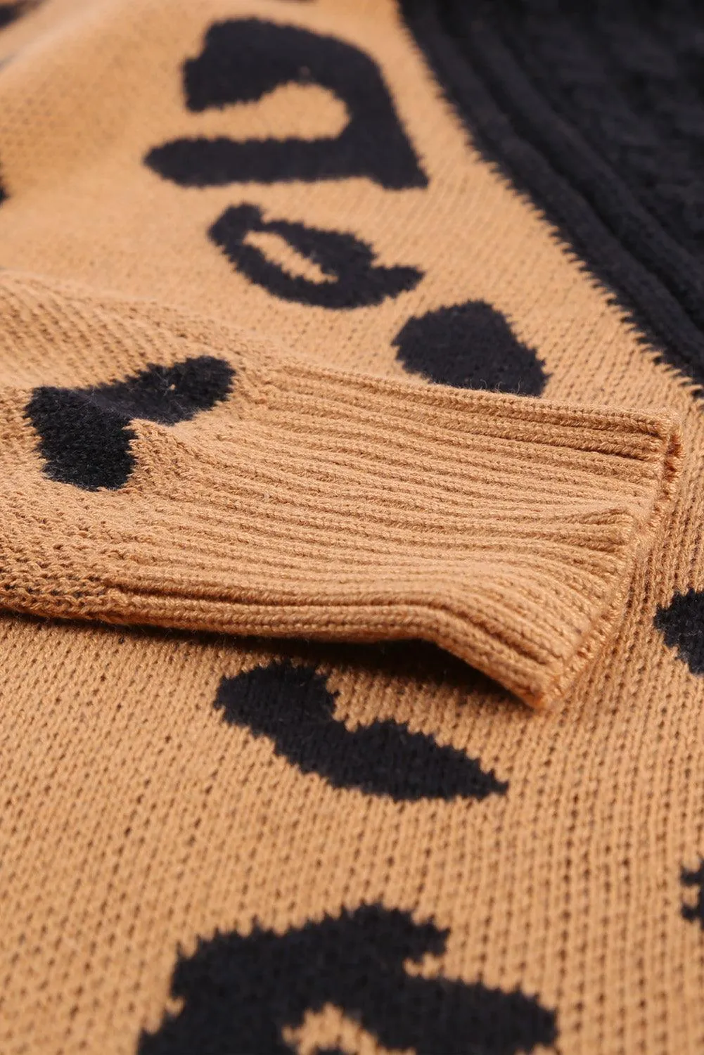 Turtleneck Ribbed Leopard Color Block Sweater