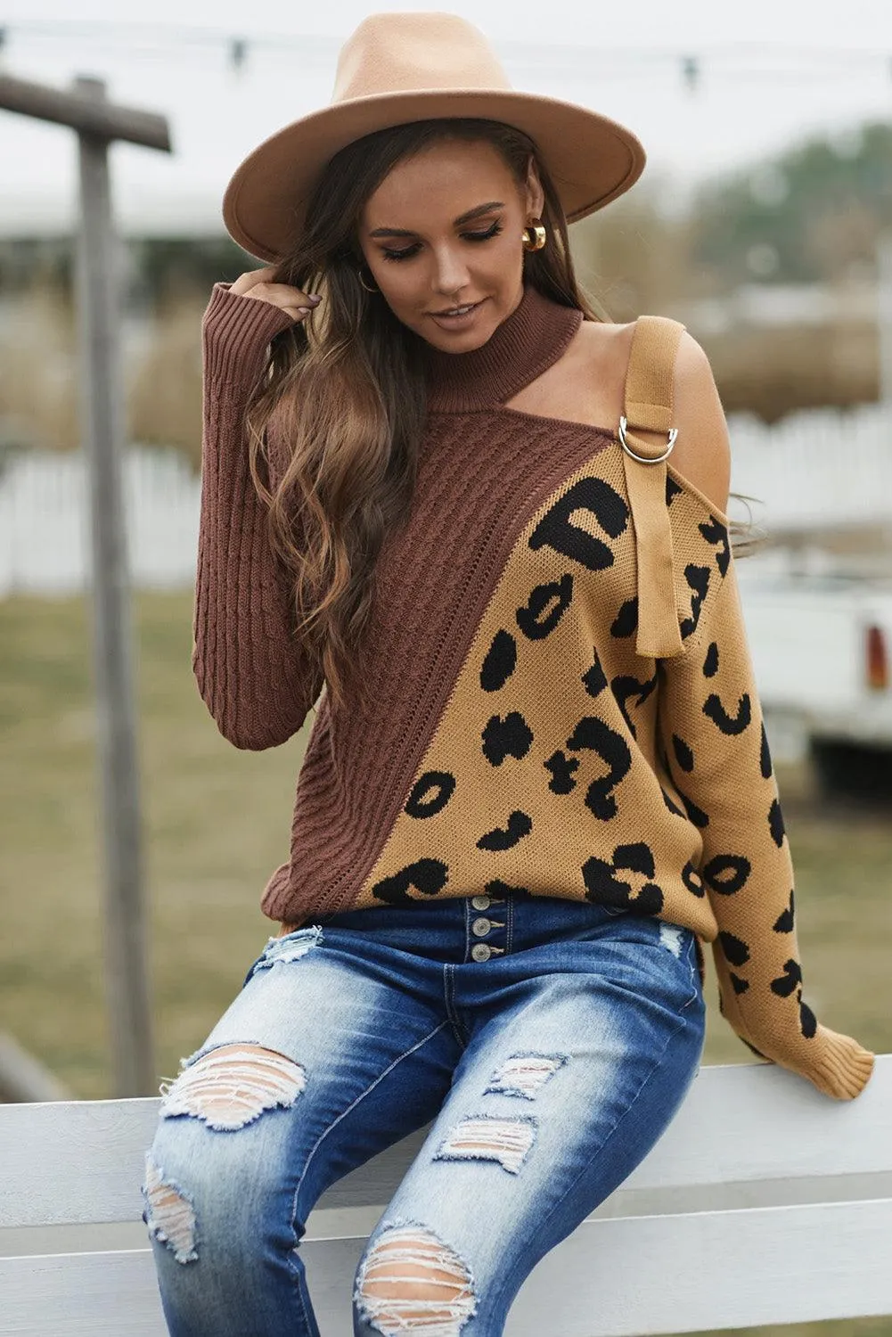 Turtleneck Ribbed Leopard Color Block Sweater