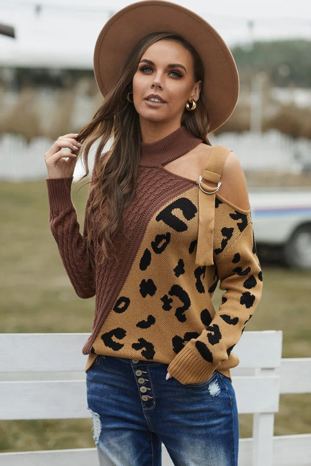 Turtleneck Ribbed Leopard Color Block Sweater