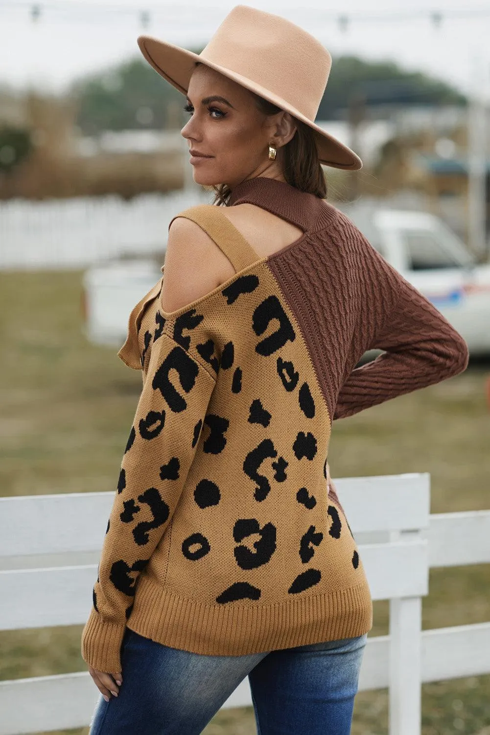 Turtleneck Ribbed Leopard Color Block Sweater