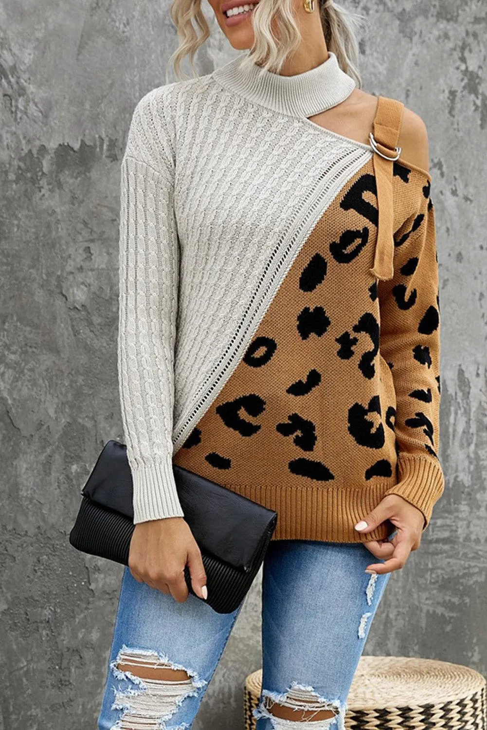 Turtleneck Ribbed Leopard Color Block Sweater