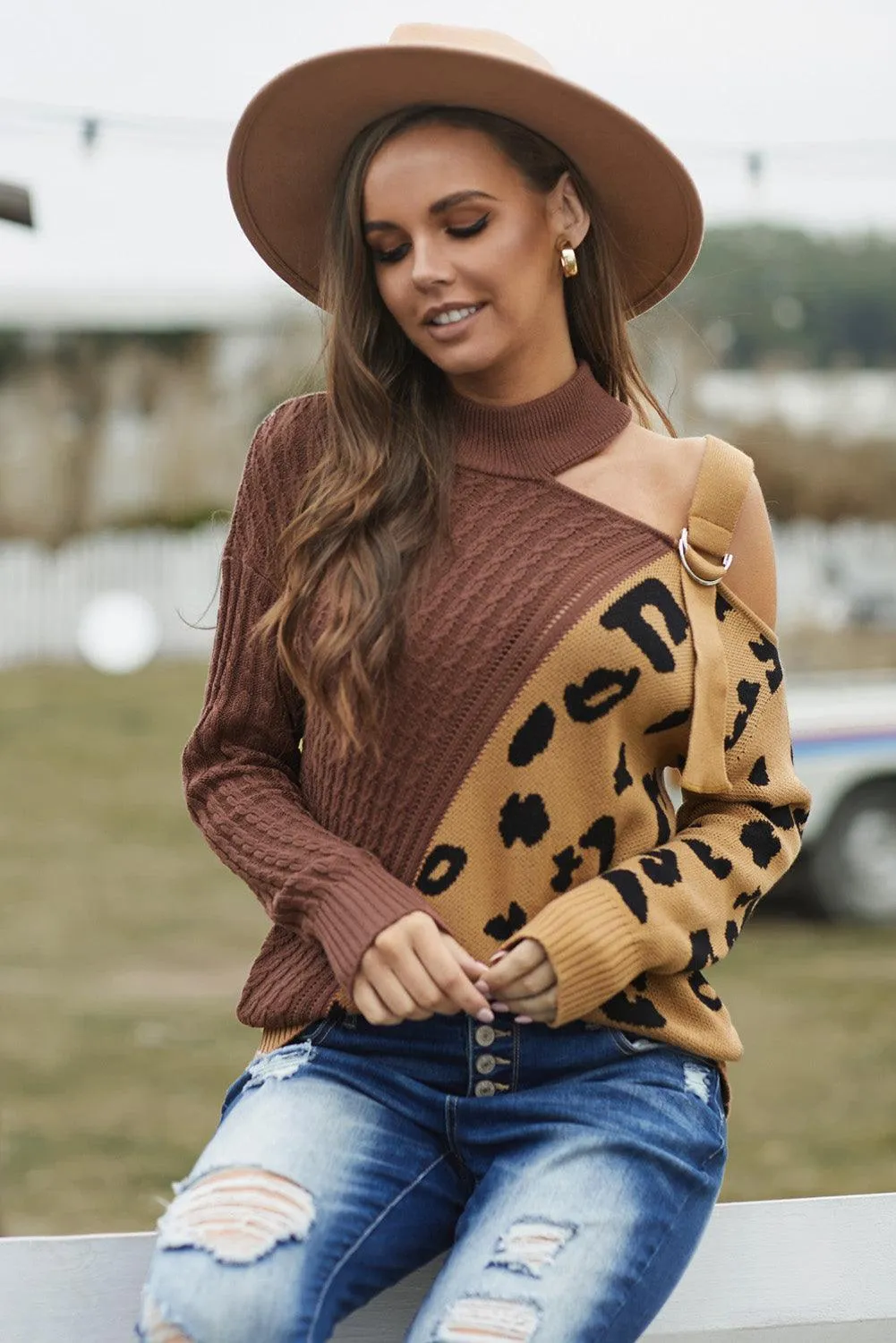 Turtleneck Ribbed Leopard Color Block Sweater