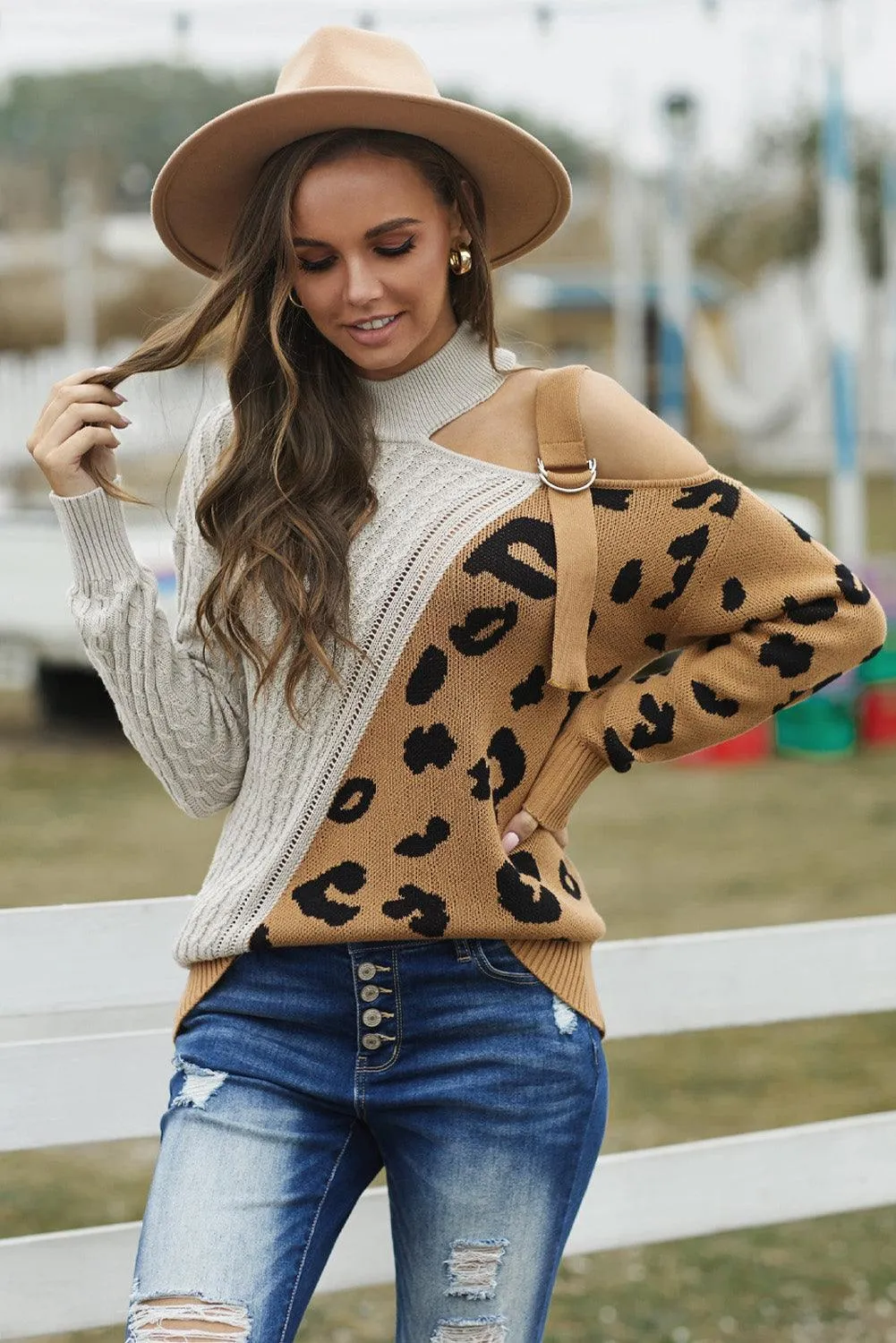Turtleneck Ribbed Leopard Color Block Sweater