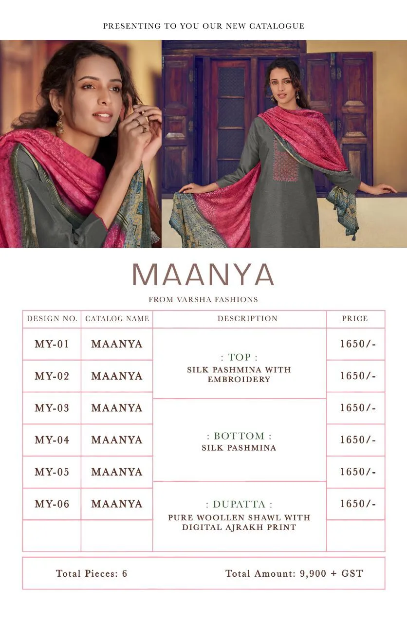 Varsha Fashion Presents Maanya Pure Pashmina Casual Wear Salwar Kameez