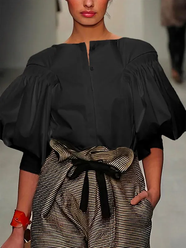 Wenkouban-Christmas Thanksgiving Puff Sleeves Buttoned Solid Color Blouses&Shirts Tops