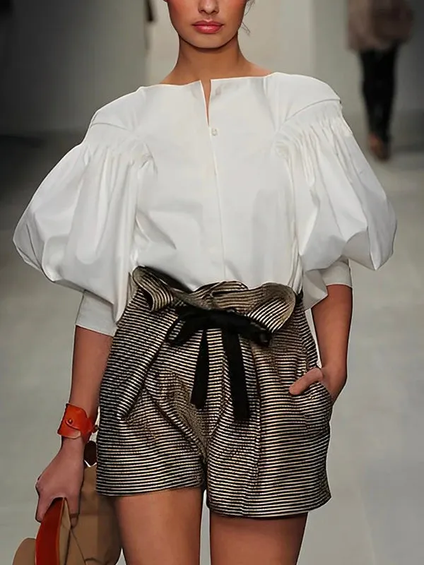 Wenkouban-Christmas Thanksgiving Puff Sleeves Buttoned Solid Color Blouses&Shirts Tops