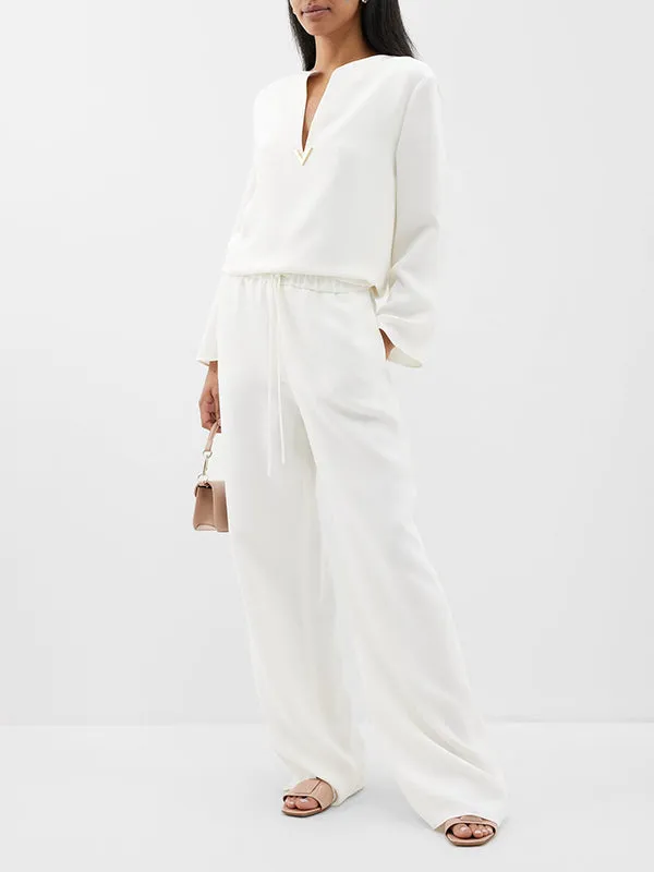 Wrap Pockets Solid Color Round-Neck Shirts Tops&Pants Two Pieces Set
