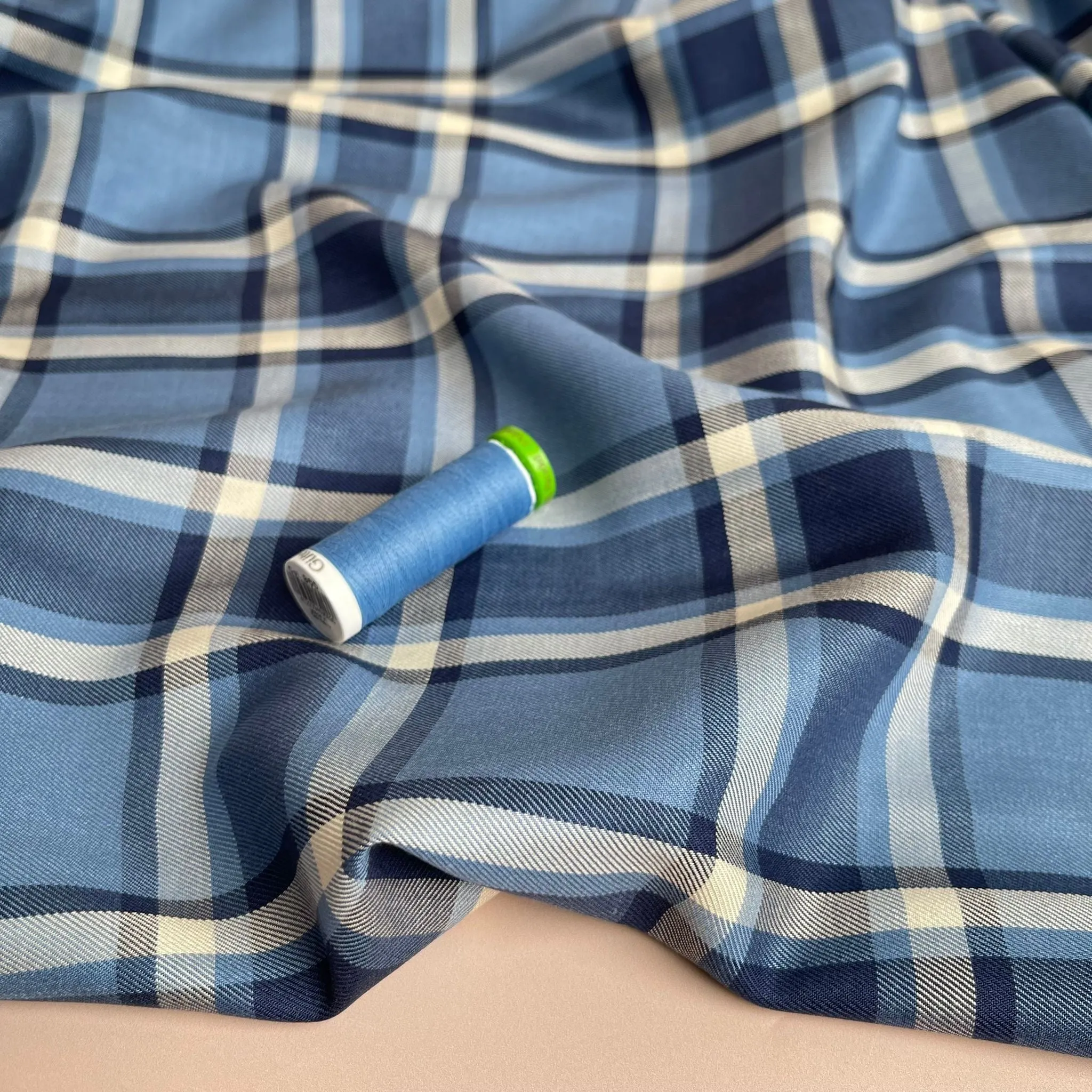 Yarn Dyed Blue Check Viscose Twill Fabric